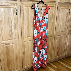Sigrid Olsen Orange Floral V-Neck Maxi Dress with White & Teal Blooms